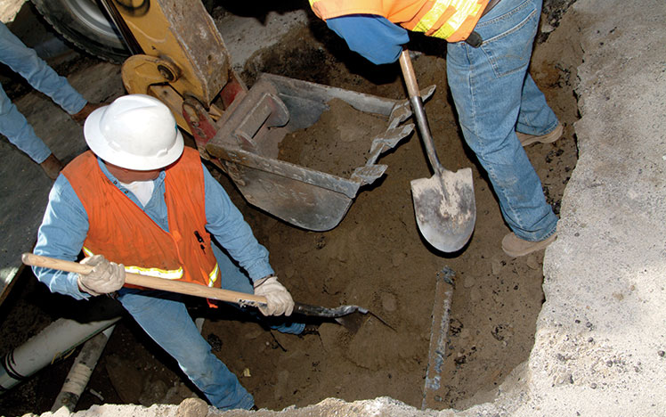 Workers digging with shovels